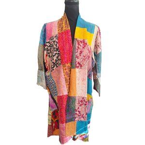 VTG Silk Patchwork Kimono Jacket Hand Stitched Multicolor Boho Coat Paper Lace